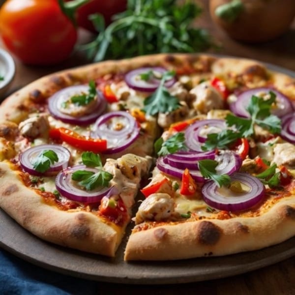 Deens Cheesesteak & Pizza's chicken pizza with red onions, bell peppers, and parsley.
