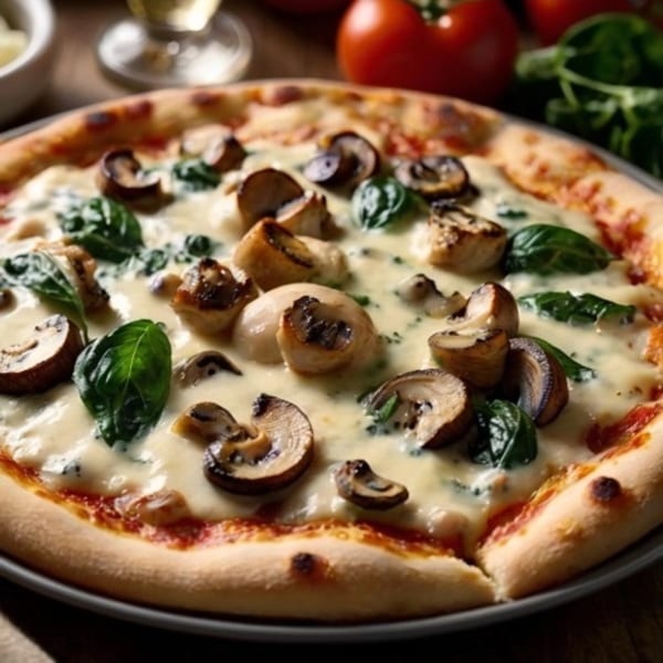 Deens white pizza with mushrooms, spinach, and melted cheese, on a wooden table with tomatoes.