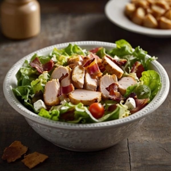 A fresh salad with grilled chicken, bacon, cherry tomatoes, and feta cheese in a white bowl.