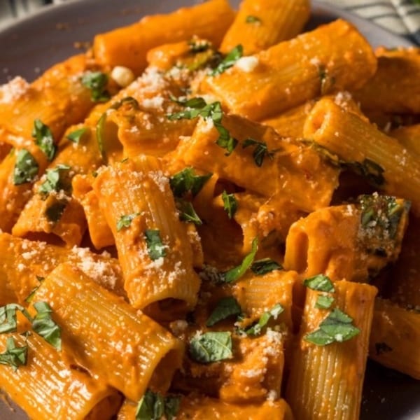 Close-up of rigatoni pasta in a creamy orange sauce, topped with fresh basil and grated cheese.