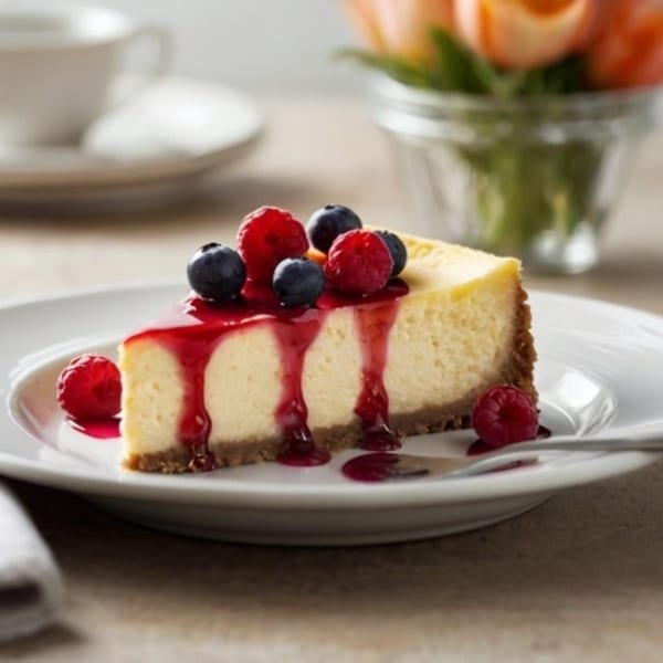 A slice of cheesecake with berry sauce, raspberries, and blueberries on a white plate.