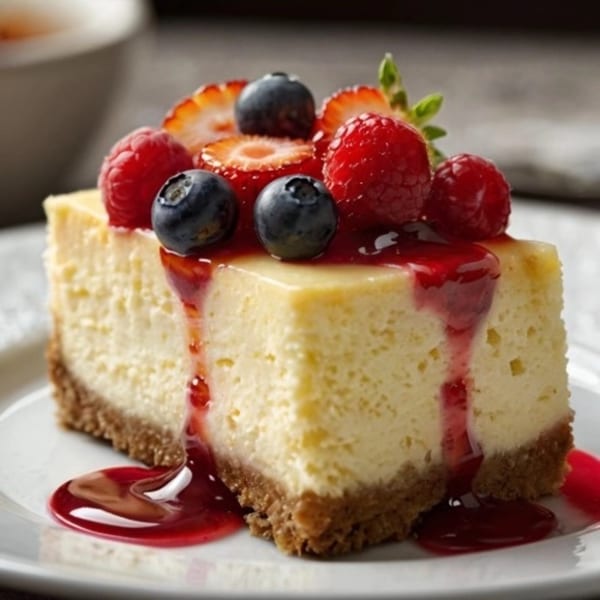 Cheesecake slice with graham cracker crust, topped with blueberries, raspberries, strawberries, and berry sauce.
