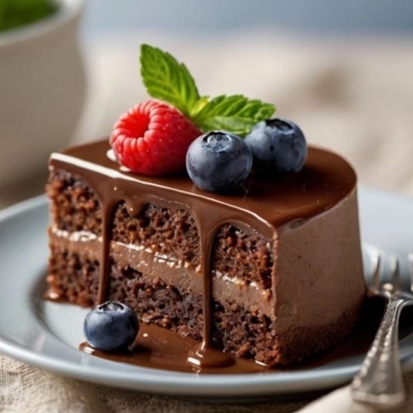A slice of chocolate cake with chocolate ganache, topped with raspberries, blueberries, and mint.