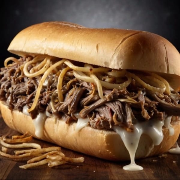 A Deens Cheesesteak & Pizza cheesesteak sandwich with melted cheese and onions on a wooden board.