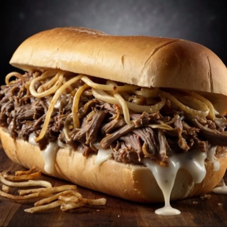 A Deens Cheesesteak & Pizza cheesesteak sandwich with melted cheese and onions on a wooden board.