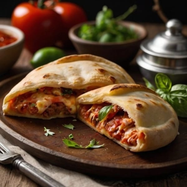 Two calzones, one sliced open revealing melted cheese and sauce, on a wooden board with basil.