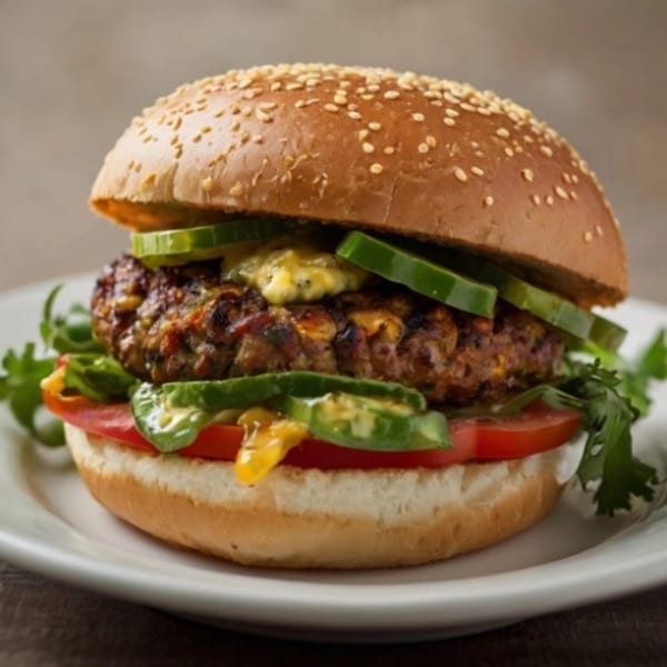 A cheesesteak burger on a sesame seed bun with tomatoes, jalapeños, and sauce.