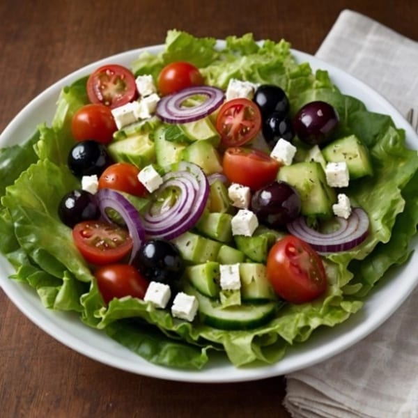 Fresh Greek salad with lettuce, tomatoes, cucumbers, red onions, black olives, and feta cheese.