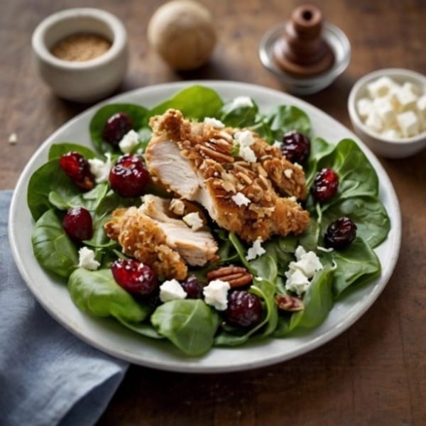 Crispy chicken salad with spinach, cranberries, pecans, and feta cheese on a white plate.